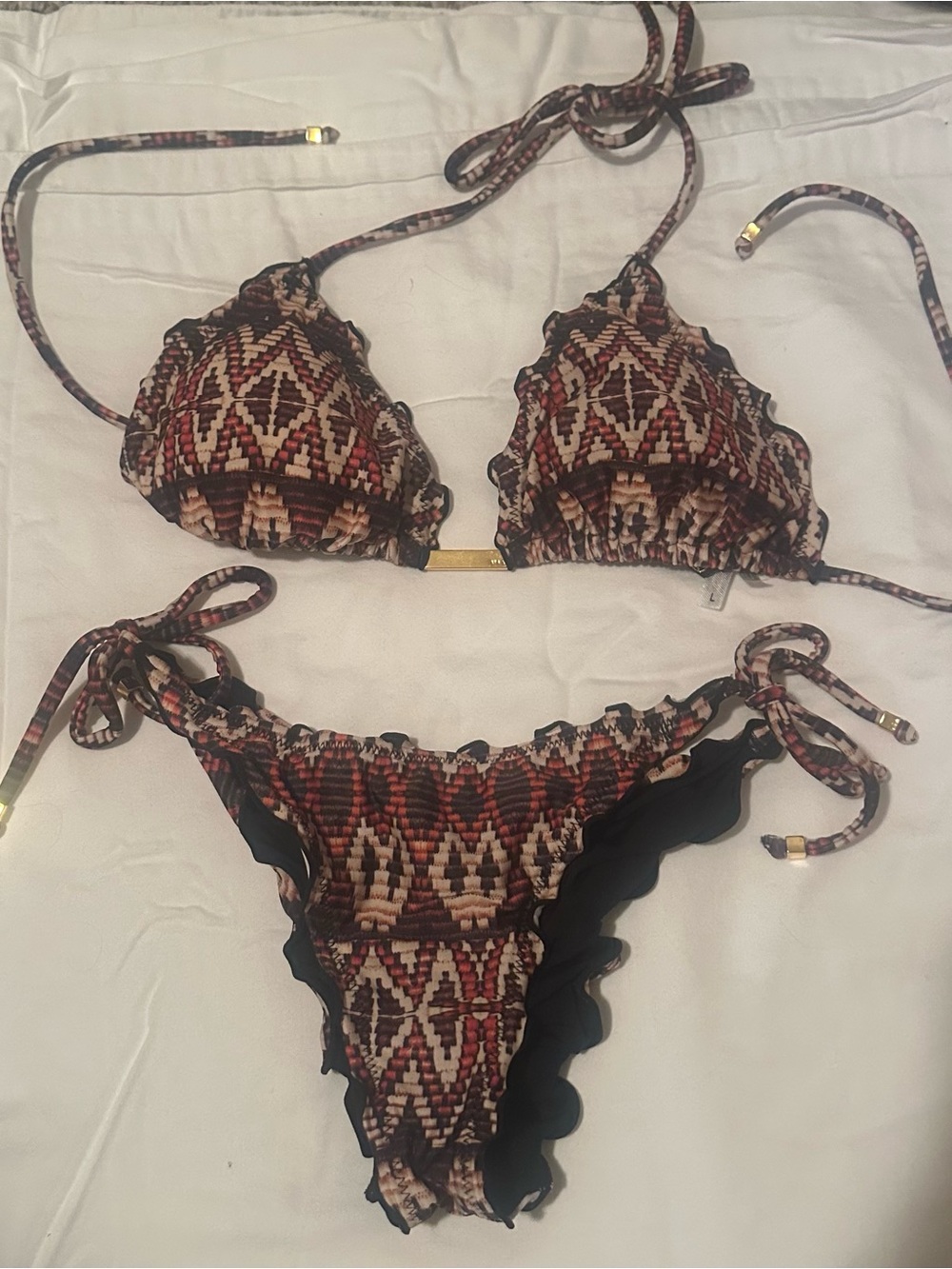 Vix Brown Red Cream Patterned Scallop Edge Triangle Bikini